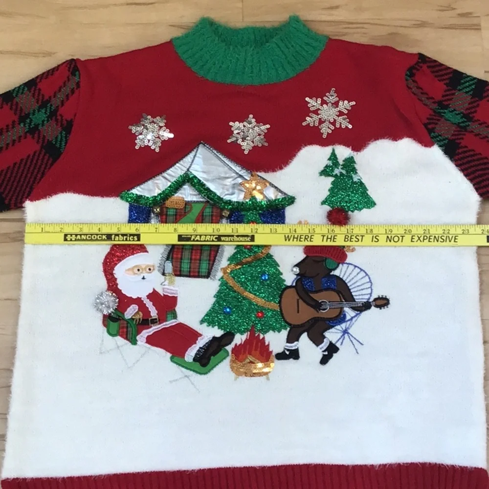 Merry & Bright Fuzzy Embroidered Santa Rudolph Camp Funny Ugly Christmas Sweater